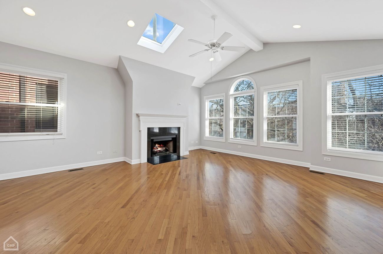 Damen Ave Condo — living room with vaulted ceiling, skylight, and fireplace