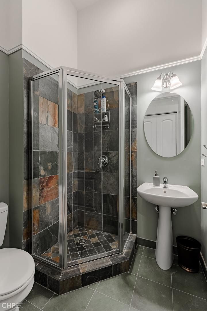 Logan Square 2BD — second bathroom with slate tile shower